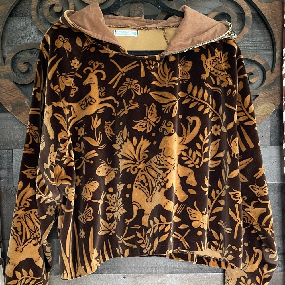 Upcycled Animal Patterned Hoodie Unique Heavy Soft Faux Suede Tapestry